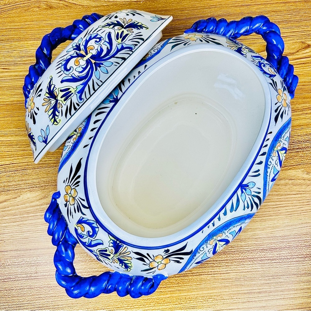Italian Tureen Ceramic Large HandPainted Mediterranean Cobalt Blue Lidded Server